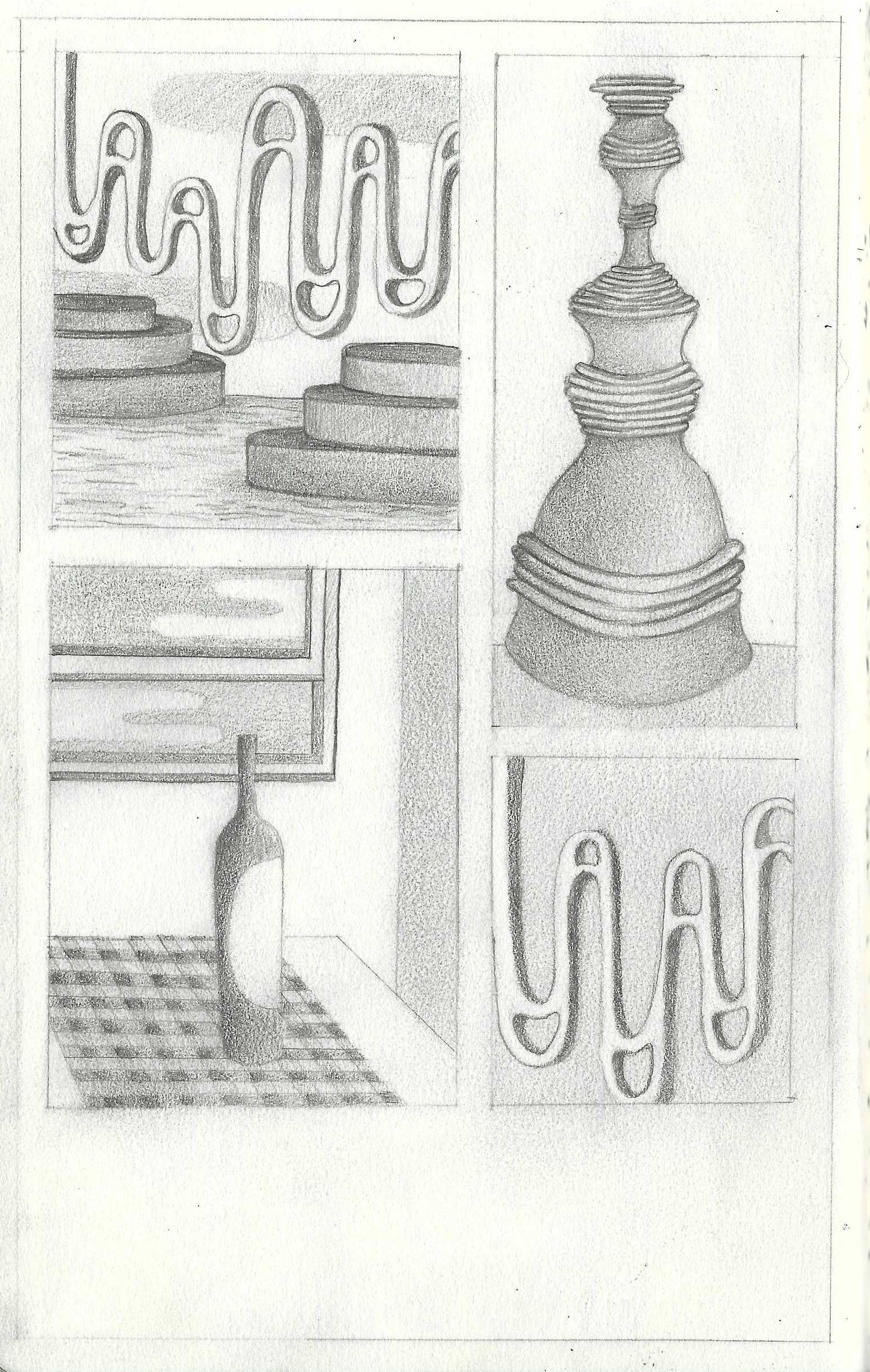 Candlestick, curtains, bottle, sketchbook page